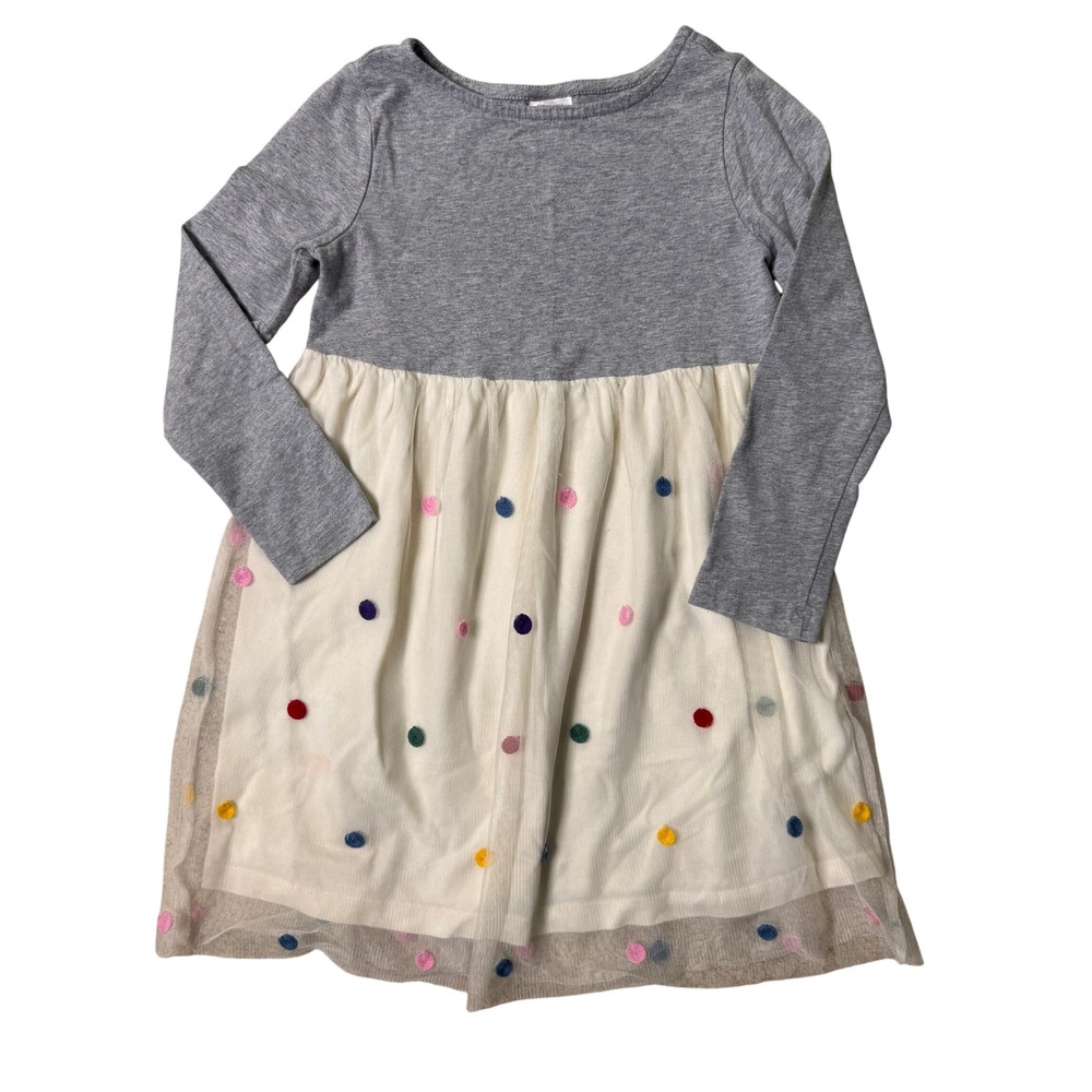 Hanna Andersson Girls Size 5 Gray Long Sleeve Tulle Pom Pom Polka Dot Dress 110